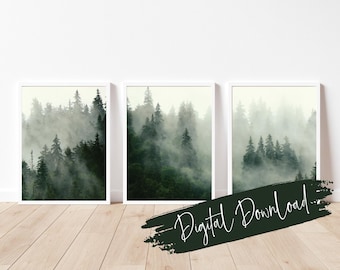 Misty Forest Print Set: Deep Green Watercolor Landscape, Woodland Decor (Digital Download)