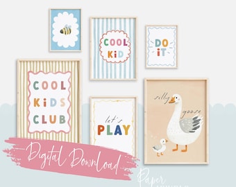 Personalisable Printable Kids Wall Art Set of 17, Cool Kids Club, Nursery Poster Bundle, Digital Download, Positive Quotes, Silly Goose