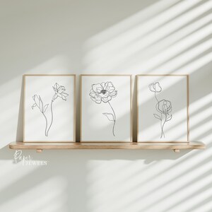 Minimalist Floral Line Art Print Set: Black Ink Flower Drawings