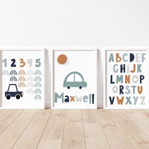 Car nursery set of 3 prints | personalised transport initial | vehicle nursery | alphabet nursery | numbers nursery | set of 3 | A2 poster