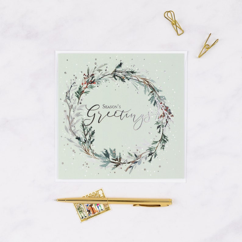 Pack of 6 square luxury Christmas cards with gold foil hand-lettered messages – Seasons Greetings, Joy to the World, and Christmas Wishes, with envelopes.