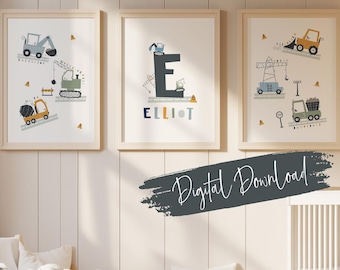 Construction Transport Vehicle Nursery Prints: Personalised Name Boys Room Art (Set of 3), Digital Download