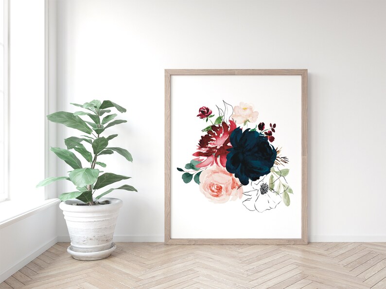 Watercolour burgundy peony set of three floral print set blue red botanical art bouquet art set A2 large poster boho minimalist image 4