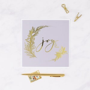 Pack of 6 square luxury Christmas cards with gold foil hand-lettered messages – Seasons Greetings, Joy to the World, and Christmas Wishes, with envelopes.