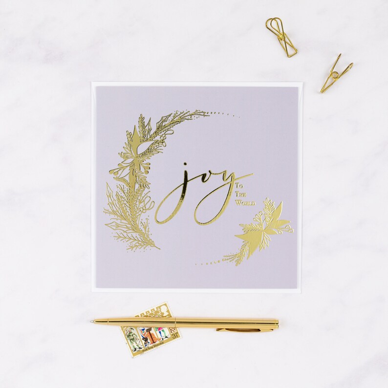 Pack of 6 square luxury Christmas cards with gold foil hand-lettered messages – Seasons Greetings, Joy to the World, and Christmas Wishes, with envelopes.