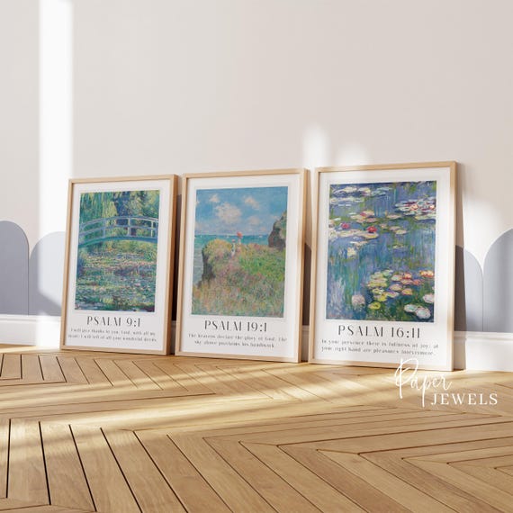 Claude Monet Christian Wall Art Set of 3, Bible Verse Prints with Psalms 9 16 & 19 Scripture Decor, Religious gift ideas, Monet Bible Prints