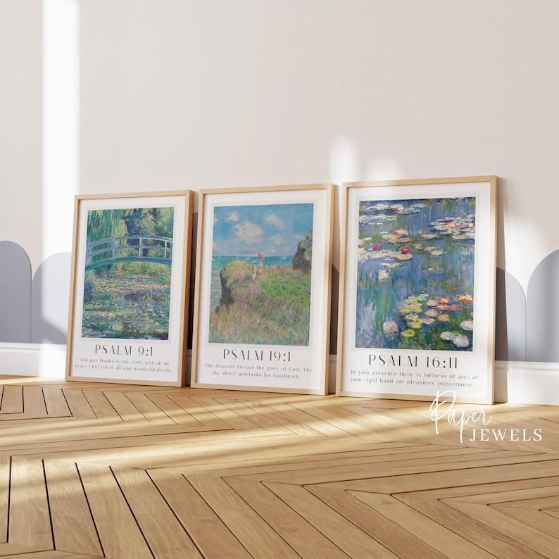 Claude Monet Psalm 9:1 wall art print featuring Japanese bridge in green garden with Bible verse overlay