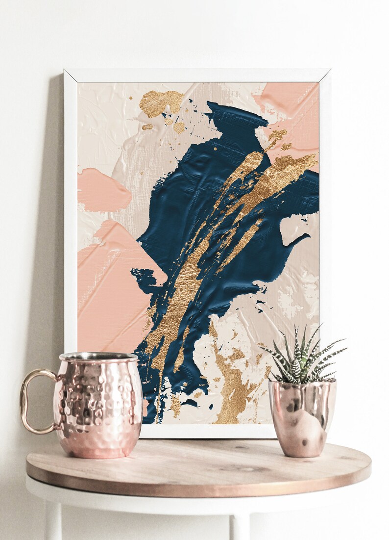 Pink Navy Abstract Wall Art Gold Minimalist Prints Etsy UK