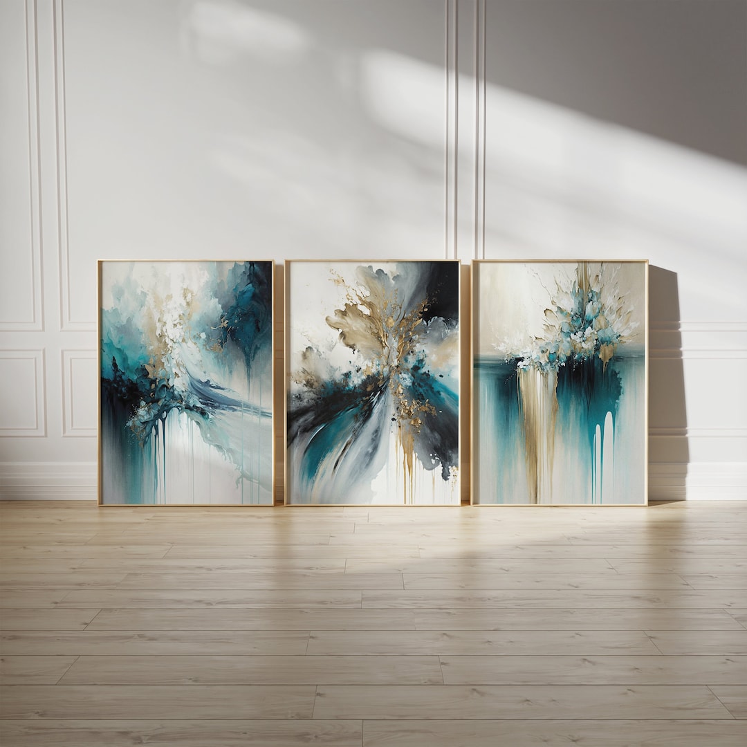 Green and Gold Oil Paint Wall Art Prints, Abstract Wall Art, Set of 3