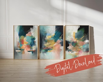 Teal Blush Abstract Art Prints: Colorful Set of 3 Modern Home Decor (Digital Download)