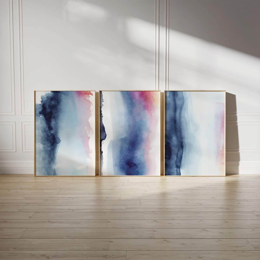 Navy Blue Abstract Wall Art Set of 3 Prints, Blue Pink Home Decor ...