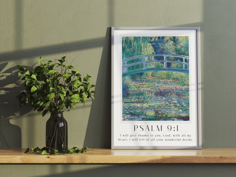 Monet Psalms print gift set shown as nursery wall art or spiritual bedroom decor