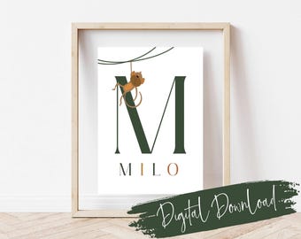 Digital Download Safari Jungle Nursery Print, Personalised Name Initial Print, Minimalist Safari Wall Art, Dark Green Baby Room Decor,