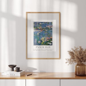 Claude Monet inspired Bible wall art set in white frames, styled for neutral interior Christian home decor
