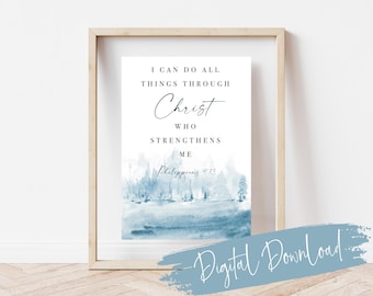 Philippians 4:13 Wall Art, Christian Abstract Print, Blue Watercolour Bible Verse, I Can Do All Things Through Christ, Scripture Art