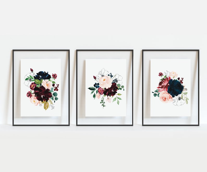 Watercolour burgundy peony set of three floral print set blue red botanical art bouquet art set A2 large poster boho minimalist image 2