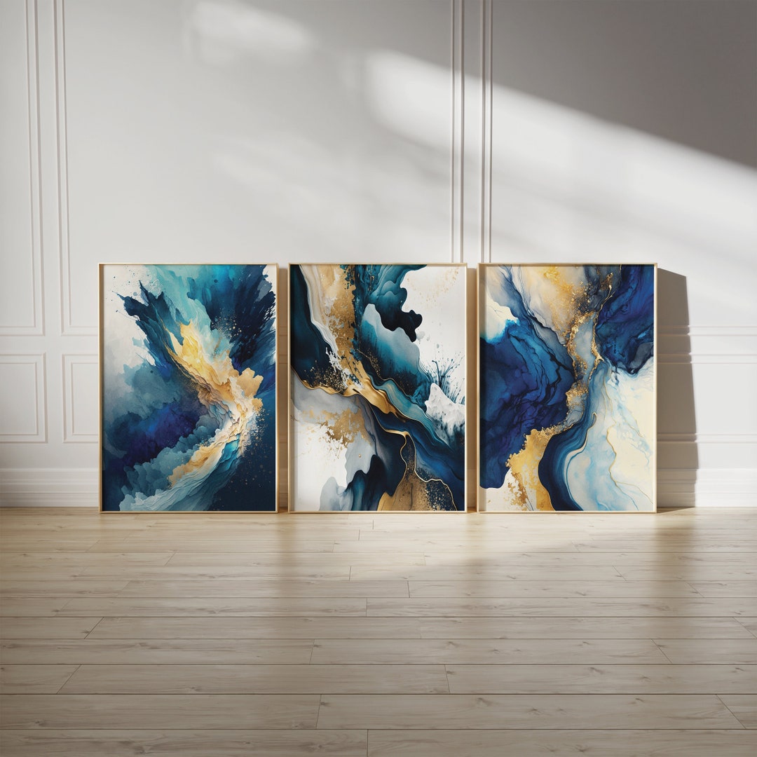 Navy Blue Abstract Wall Art Set of 3 Prints, Gold Home Decor, Set of 3 ...