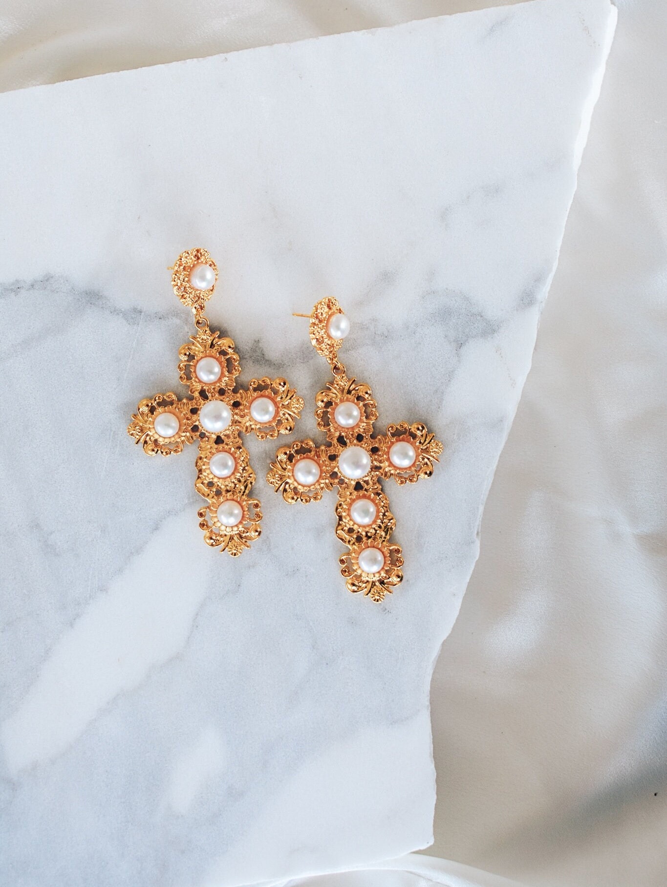 Statement Oversized Gold Freshwater Pearl Cross Earrings - Etsy