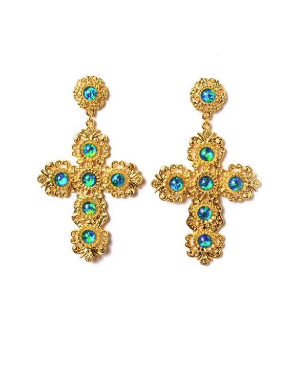 Large Oversized Gold Opal Cross 