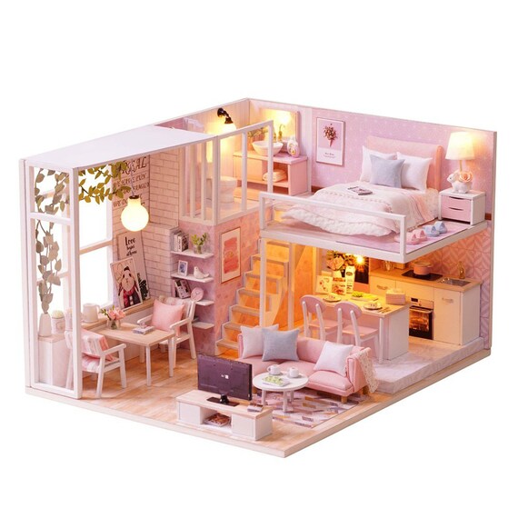 DIY Miniature Loft Dollhouse Kit Lovely 3D Pink Wooden House | Etsy