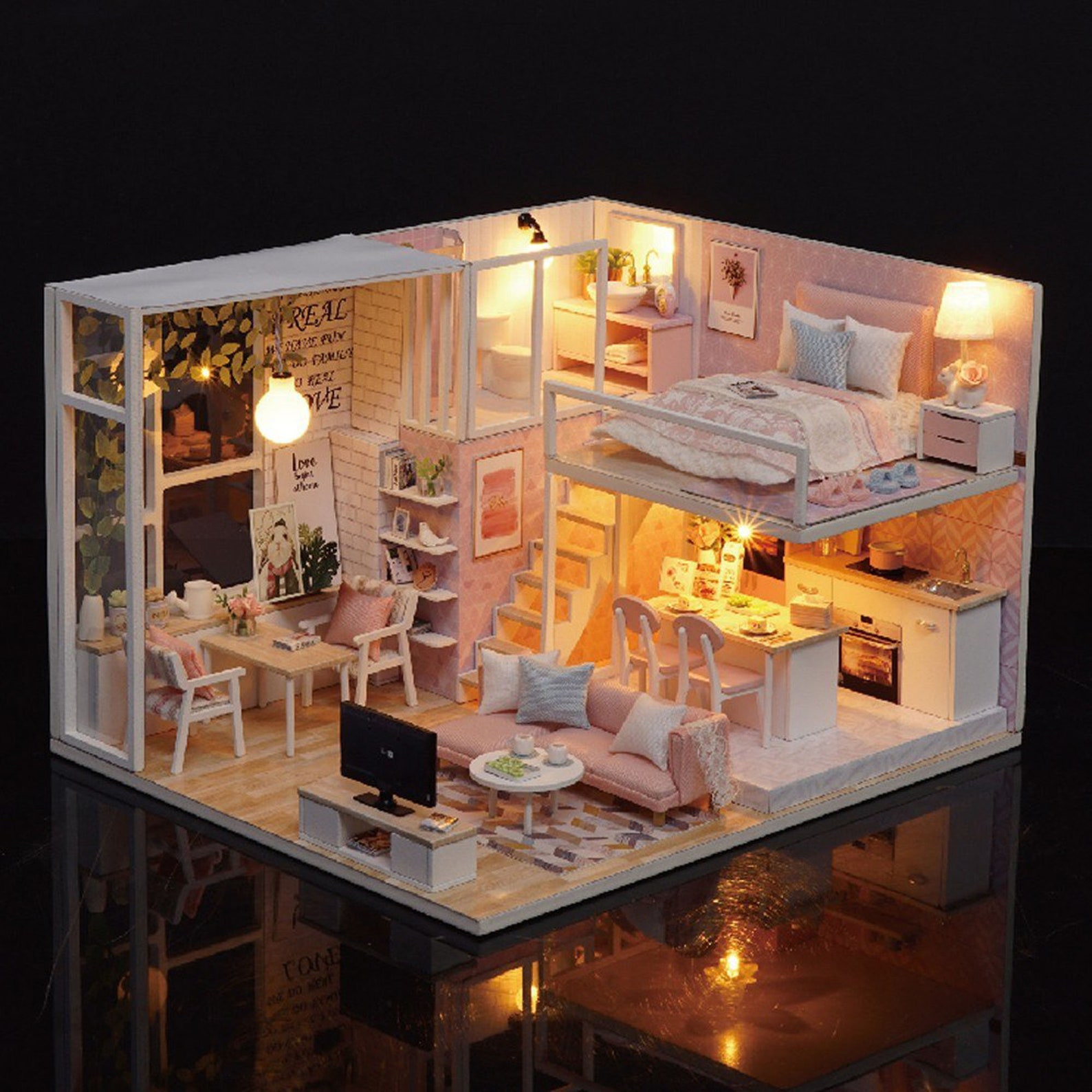 DIY Miniature Loft Dollhouse Kit Lovely 3D Pink Wooden House Etsy