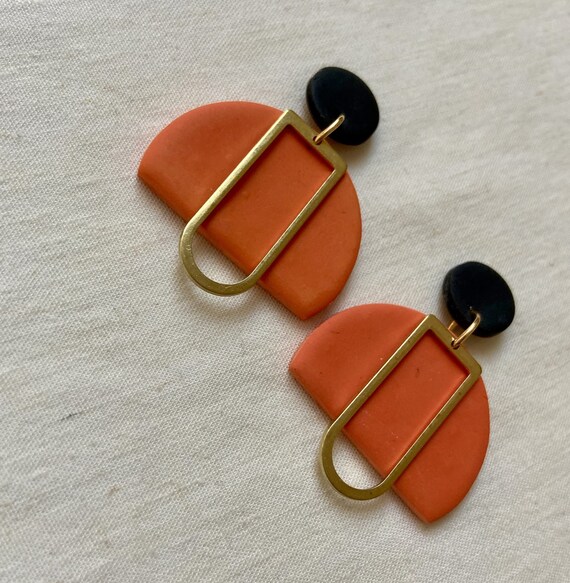 hook earrings in terra cotta Polymer clay statement earrings black and ivory