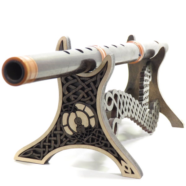 WOODEN FLUTE STAND, for single flute or whistle, Celtic knot design.