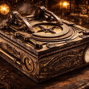 May include: A detailed steampunk-style box with intricate gears, dials, and a compass rose design on top. The box is primarily bronze and brown, with a weathered appearance, suggesting an antique or vintage aesthetic. The design incorporates mechanical elements.