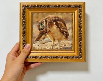Cute Burrowing Owl Sandy Ground Wildlife Wood Framed , Earthy Rustic Bird Wall Decor 4x4 ,Custom Oil Painting from photo ,Gift for Friend