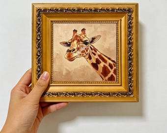 Soft Giraffe Portrait Muted Beige Background,Safari Animal Wall Art ,Custom Oil Painting from photo ,gift for friend,Size 4"×4"