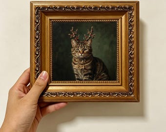 Tabby Cat Twig Reindeer Antlers Dark Green Vintage Oil Painting Wall Decor Size 4X4 Custom Oil Painting From Photo Gift For Friend