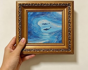 Two Whales In Blue Ocean custom oil painting from photo, gift for friend, Size 4"×4" Christmas gift