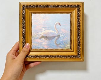 White Swan Pastel Lake Water,Serene Bird Wildlife Wall Art,Custom Oil Painting from photo , gift for friend,Size 4"×4" Christmas gift