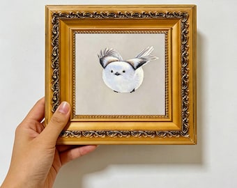 Fluffy White Long-Tailed Tit Minimal Neutral Background ,Cute Bird Wall Art ,Custom Oil Painting from photo ,gift for friend,Size 4"×4"