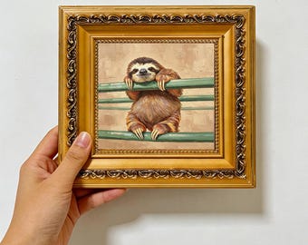Cute Hanging Sloth Green Rails ,Wildlife Animal Wall Art ,Custom Oil Painting from photo ,gift for friend,Size 4"×4" Christmas gift