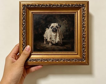 Pug Dog Ghost Halloween Costume Dark Vintage Oil Painting Wall Decor Size 4X4 Custom Oil Painting From Photo Gift For Friend Christmas gift