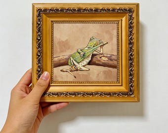 Green Chameleon On Wooden Branch , Reptile Wall Art ,Custom Oil Painting from photo ,gift for friend,Size 4"×4" Christmas gift
