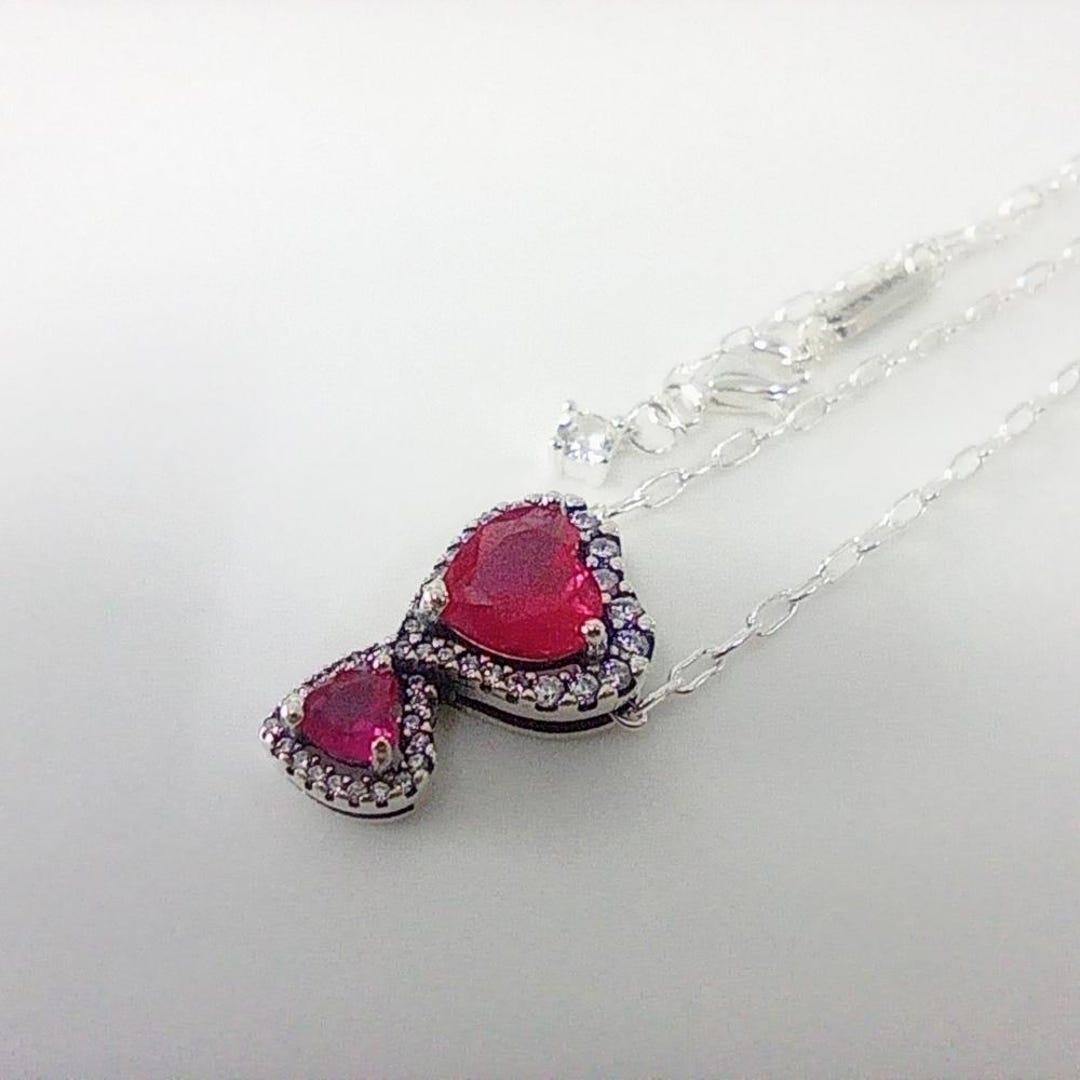 Pandora Sterling Silver Red Halo Hearts Pendant Necklace