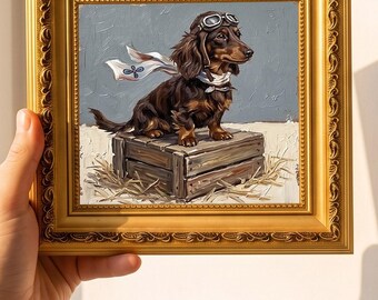 Aviator Dachshund Dog Wooden Crate, custom oil painting from photo, gift for friend, Size 4"×4" Christmas gift