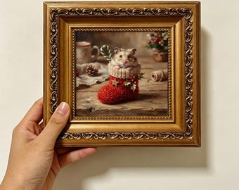 Tiny Hamster Inside Red Knit Christmas Stocking Vintage Oil Painting Wall Decor Size 4X4 Custom Oil Painting From Photo Gift For Friend