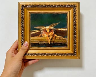 Fluffy Orange Moth Wooden Branch ,Forest Insect Wall Art ,Custom Oil Painting from photo ,gift for friend,Size 4"×4" Christmas gift