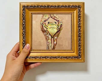 Green Tree Frog Curly Dry Branch ,Amphibian Wall Art ,Custom Oil Painting from photo ,gift for friend,Size 4"×4" Christmas gift
