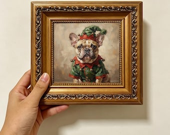 French Bulldog Christmas Elf Costume Neutral Vintage Oil Painting Wall Decor Size 4X4 Custom Oil Painting From Photo Gift For Friend