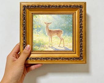 Spotted Fawn Dappled Sun Forest,Gentle Wildlife Wall Art ,Custom Oil Painting from photo,gift for friend,Size 4"×4" Christmas gift