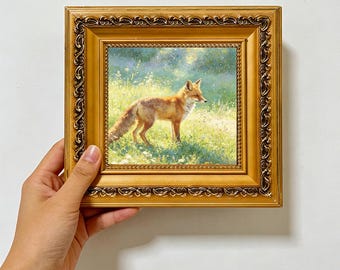 Wild Red Fox Sunlit Meadow,Soft Wildlife Landscape Wall Art ,Custom Oil Painting from photo 4x4,gift for friend,Size 4"×4" Christmas gift