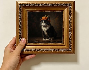 Tuxedo Cat Wearing Tiny Pumpkin Hat Halloween Vintage Oil Painting Wall Decor Size 4X4 Custom Oil Painting From Photo Gift For Friend