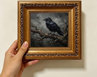 Black Raven On Gnarled Branch Dark Moody Vintage Oil Painting Wall Decor Size 4X4 Custom Oil Painting From Photo Gift For Friend