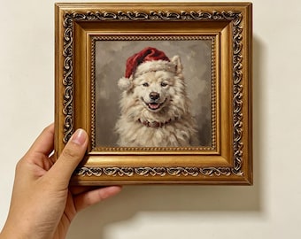 Fluffy Samoyed With Red Santa Hat Neutral Vintage Oil Painting Wall Decor Size 4X4 Custom Oil Painting From Photo Gift For Friend