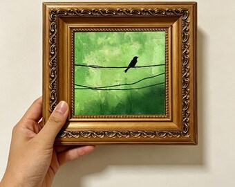 Bird Silhouette On Wire custom oil painting from photo, gift for friend, Size 4"×4" Christmas gift