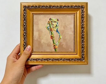 Red Eyed Tree Frog On Green Stem,Tropical Amphibian Wall Art ,Custom Oil Painting from photo ,gift for friend,Size 4"×4" Christmas gift